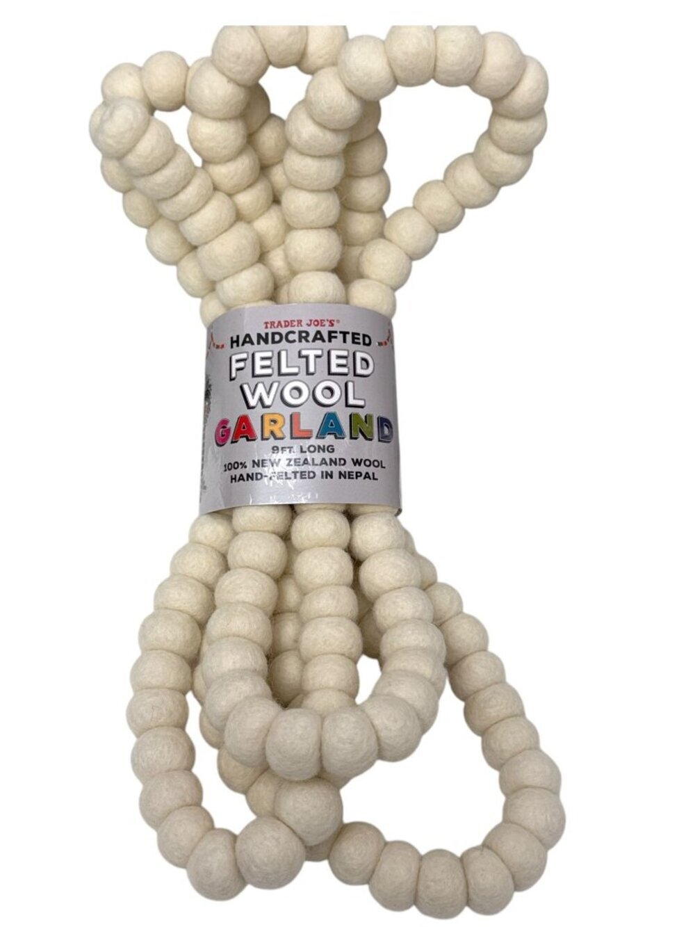 Trader Joe's Felted Wool Garland 9 ft White Cream Rustic Farmhouse Holiday Decor